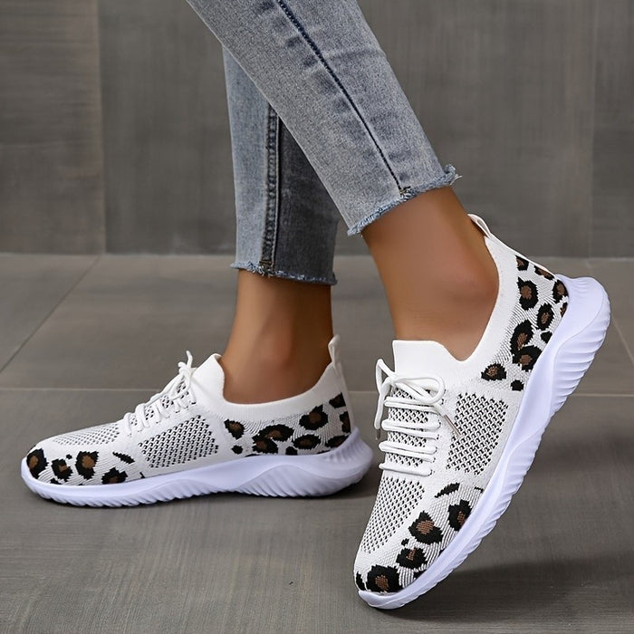 White Women’s Leopard Print Lace-up Sneakers