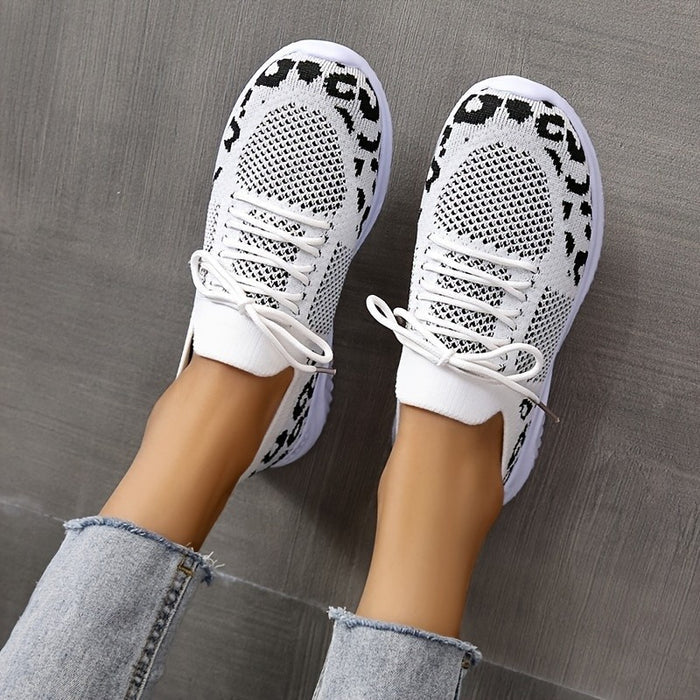 White Women’s Leopard Print Lace-up Sneakers