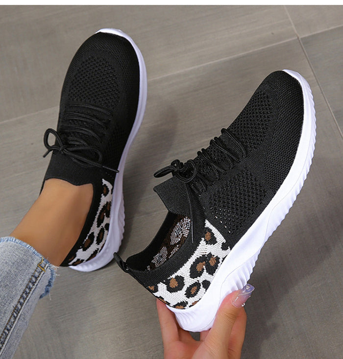White Women’s Leopard Print Lace-up Sneakers