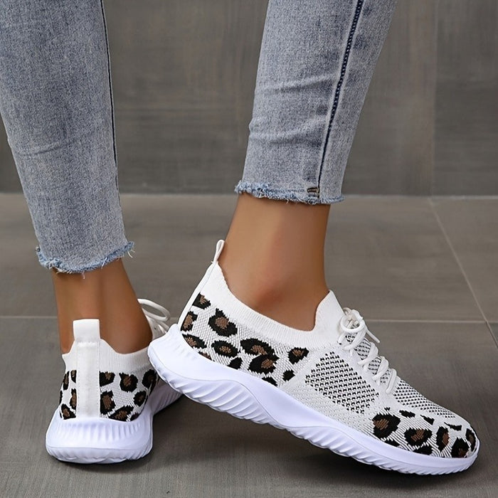 White Women’s Leopard Print Lace-up Sneakers
