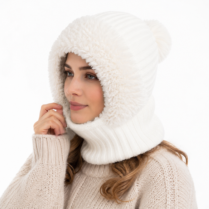 winter hat women in beige acrylic knit with built-in neck cover for cold weather