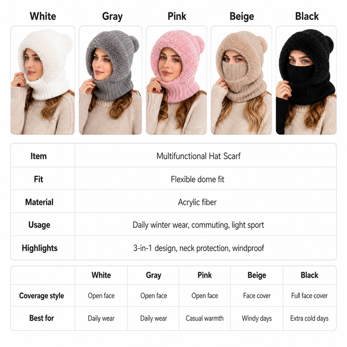 Multifunctional hat scarves in various colors with a woman wearing each one.