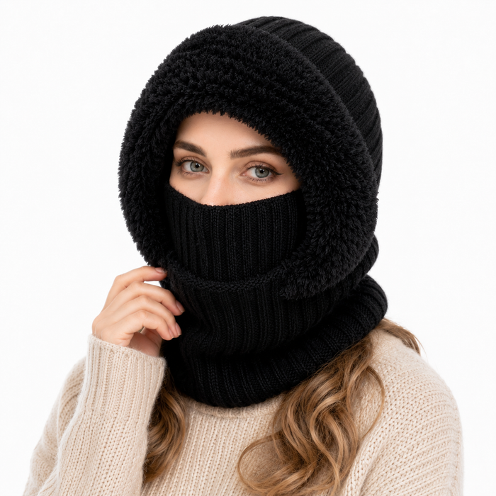 3-in-1 winter hat scarf for women in black styled with a puffer jacket