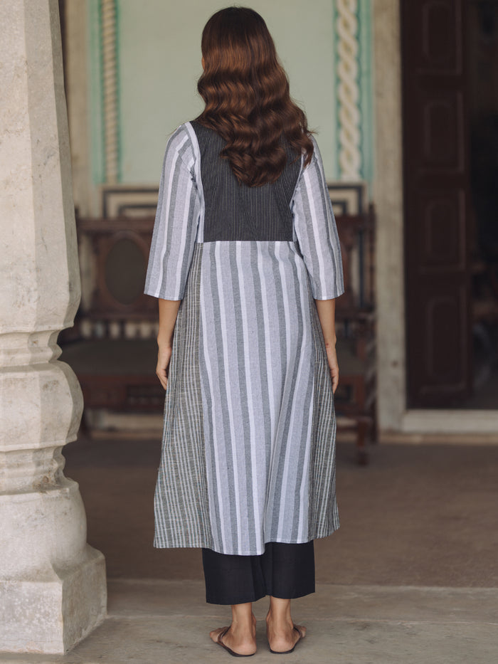 Women's Black Cotton Patchwork Straight Kurta with Trousers