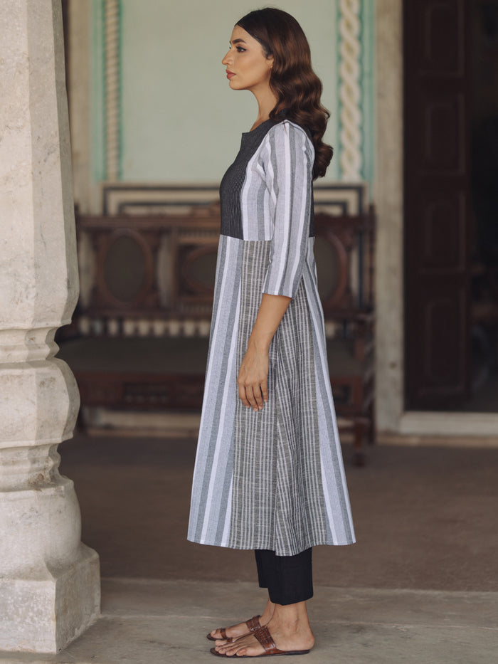 Women's Black Cotton Patchwork Straight Kurta with Trousers