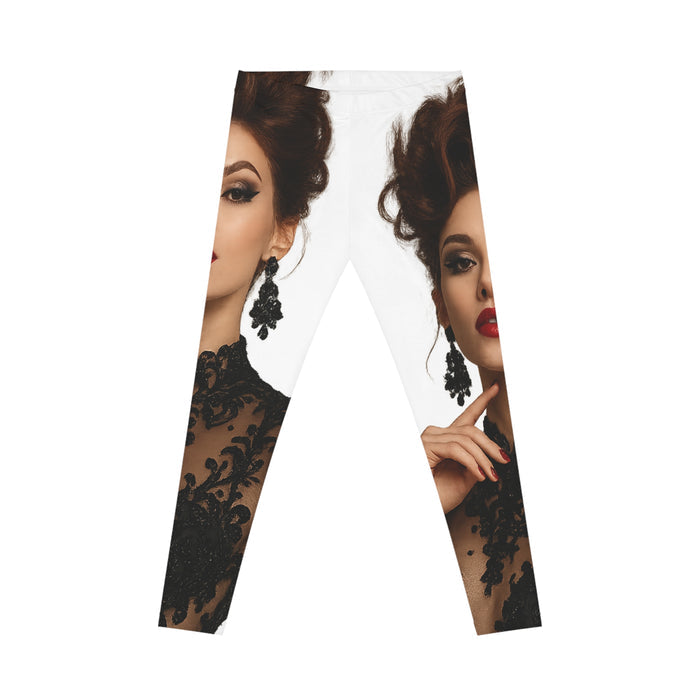 Leggings with a design of a woman's face and black lace sleeves on a white background
