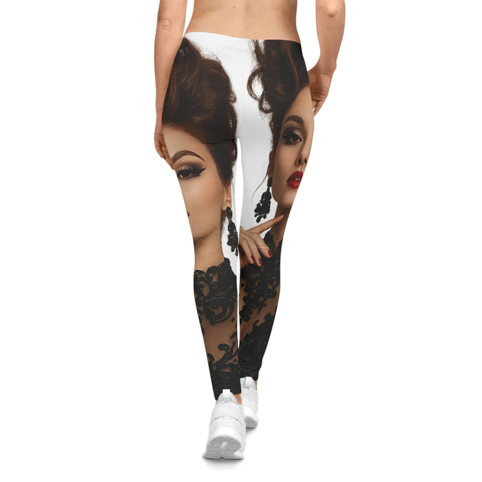 Leggings with a design of a woman's face and lace pattern on a white background