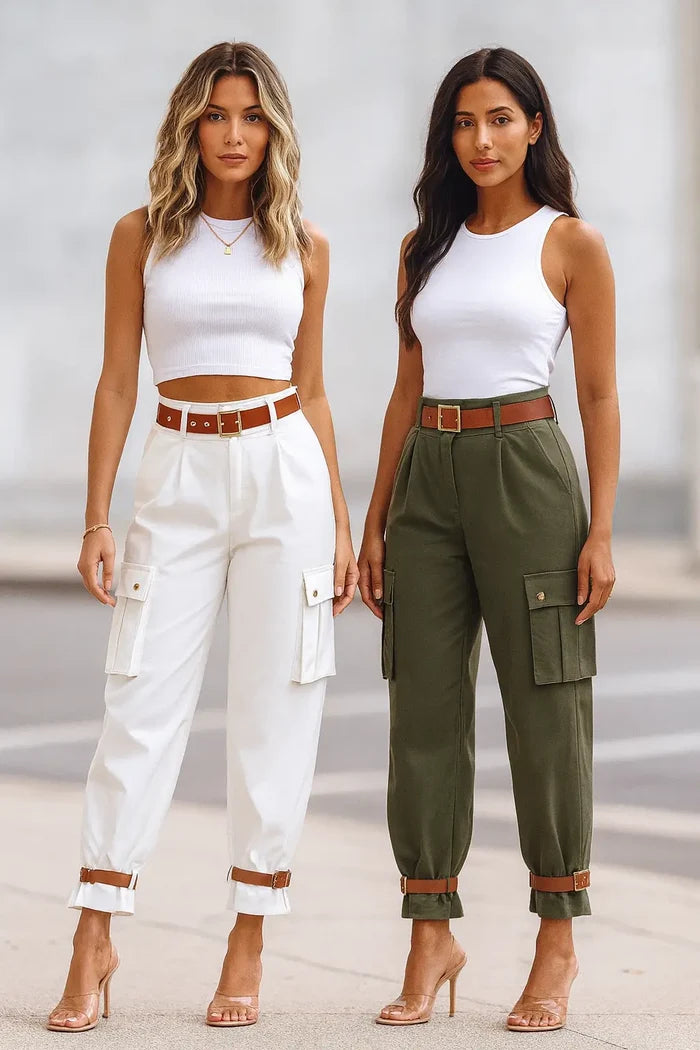 Women's Contrast Color Belt Trousers – Chic & Comfy