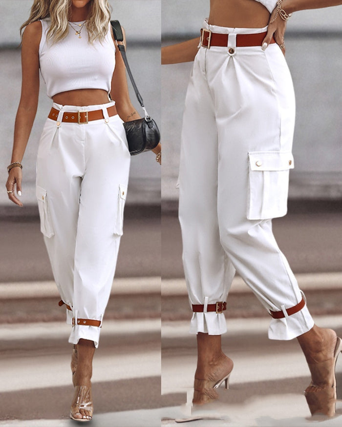 Women's Contrast Color Belt Trousers – Chic & Comfy