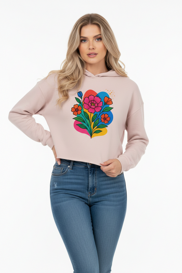 Cropped hoodie with floral print soft cotton blend women streetwear relaxed fit stylish everyday wear top