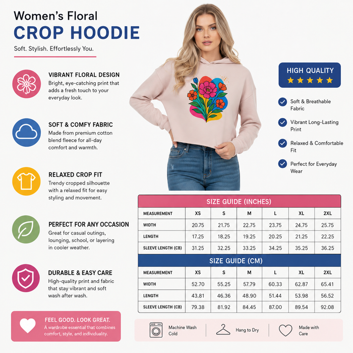Women's Cropped Hoodie - Floral Cotton Streetwear Style