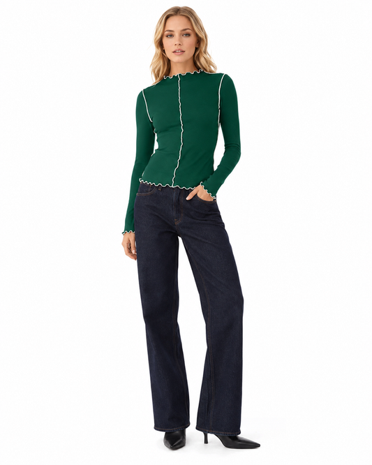Women's mock neck long sleeve top with wavy lettuce trim, contrast stitching and a slim fit silhouette in a clear front view.