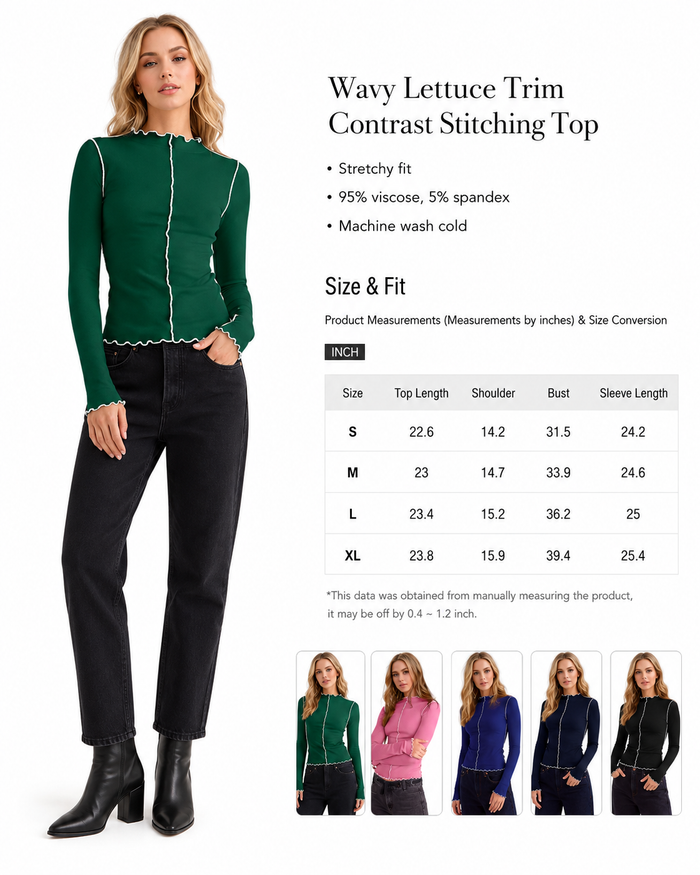 Women's slim fit mock neck top shown from the side with long sleeves, visible contrast stitching for casual everyday styling.