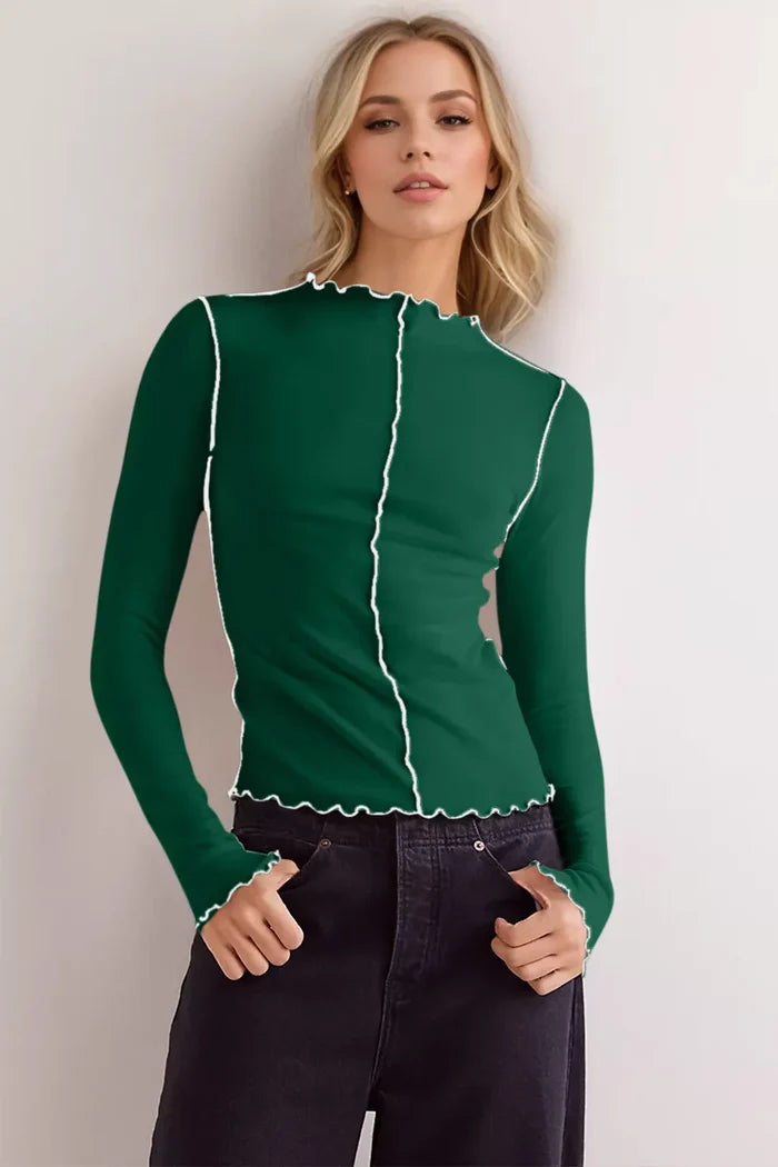 Women's Mock Neck Top with Wavy Trim Contrast Stitching