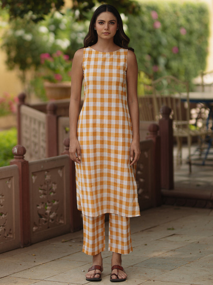 Women's Mustard Cotton Boat neck Sleeveless Kurta with Trousers
