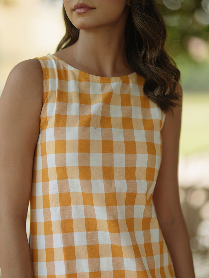 Women's Mustard Cotton Boat neck Sleeveless Kurta with Trousers