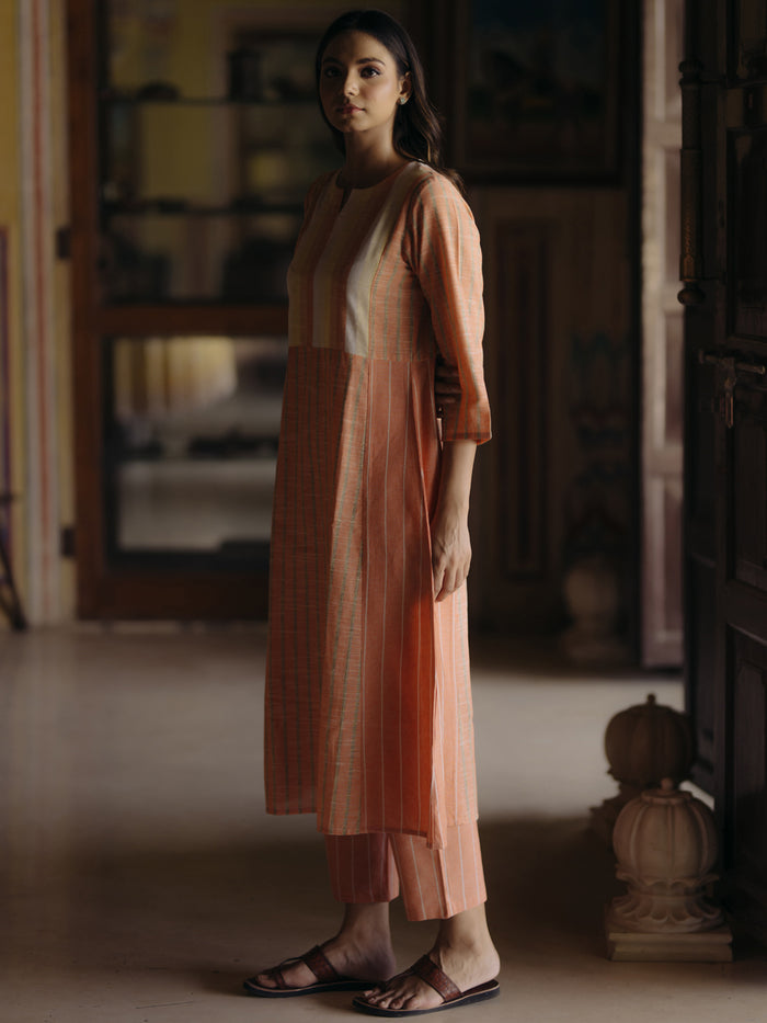 Women's Orange Cotton Patchwork Straight Kurta with Trousers