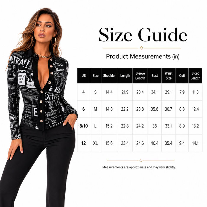Woman wearing a black and white patterned jacket with a size guide on a white background