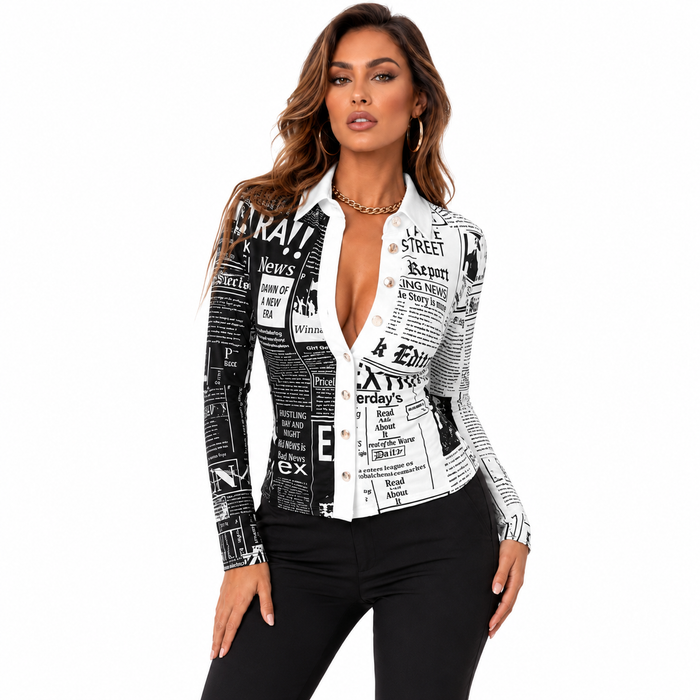 Relaxed printed shirt shown buttoned with classic collar and cuffed long sleeves