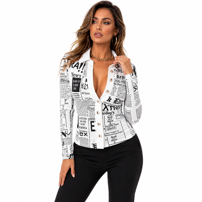 Button-front shirt with vivid pattern displayed flat to show shape, collar, and sleeves