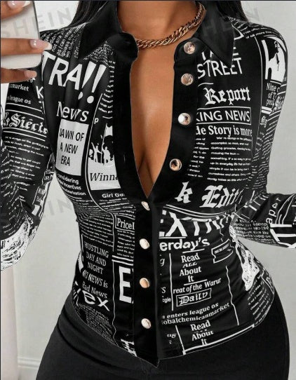 Black jacket with newspaper print and buttons on a plain background