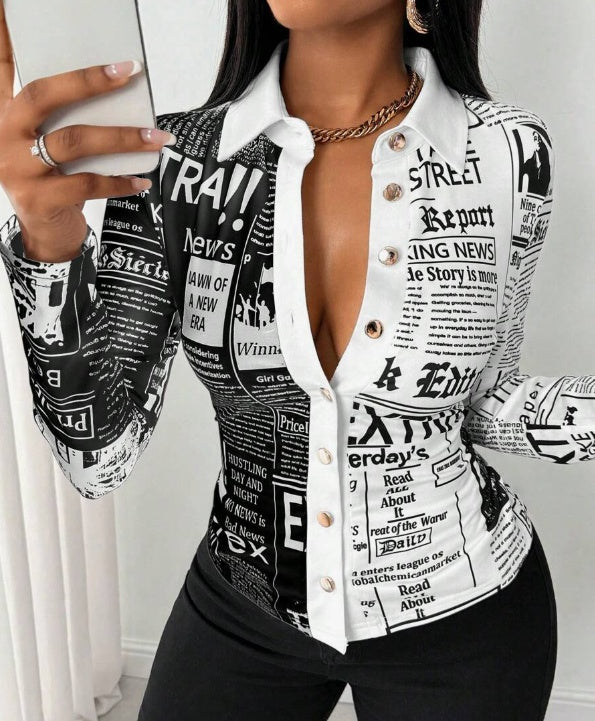 Person wearing a black and white报刊风格衬衫