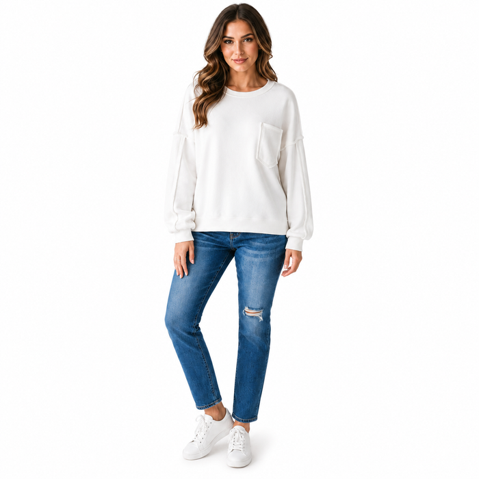 Women's shirts with pockets in white exposed seam design, styled for casual office wear with smooth polyester drape and shape