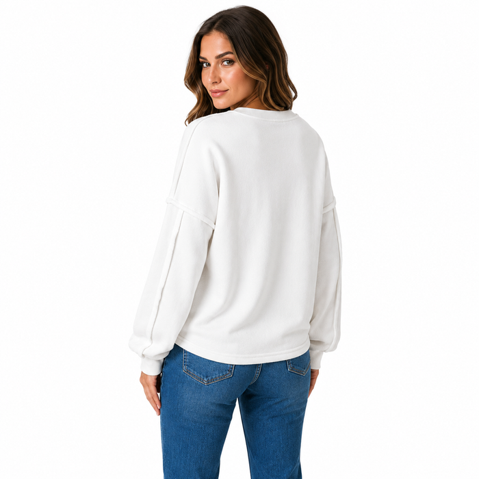 Exposed seam top with front pockets for women, lightweight polyester look, relaxed drape and clean minimal styling daily use.