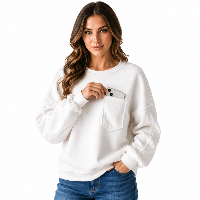 Close up of exposed seam top for women showing pocket detail, smooth polyester texture and clean white finish in focus daily.