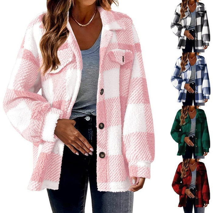Women's Striped Button Plush Coat – Loose Fit