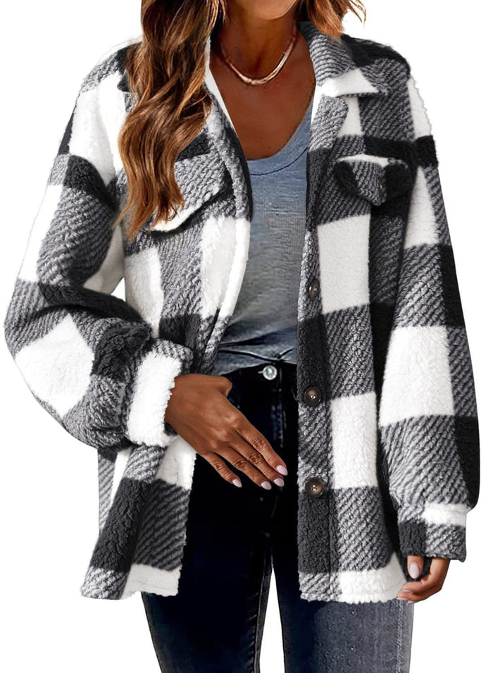 Women's Striped Button Plush Coat – Loose Fit