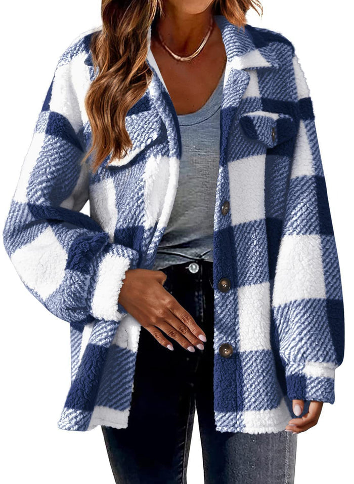 Women's Striped Button Plush Coat – Loose Fit