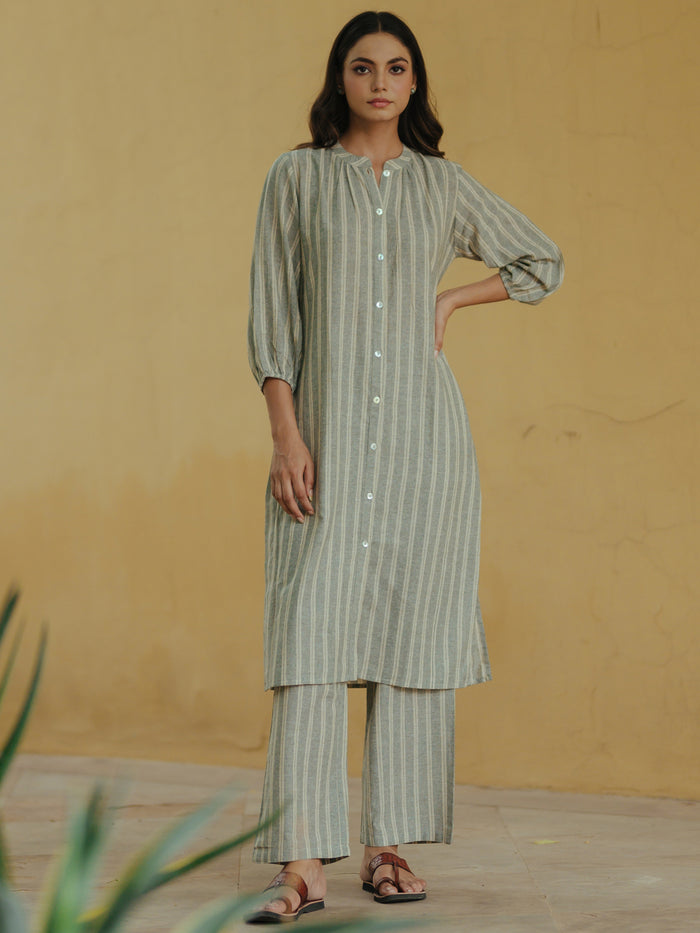 Womens's Grey Cotton Button Up Kurta with Trousers