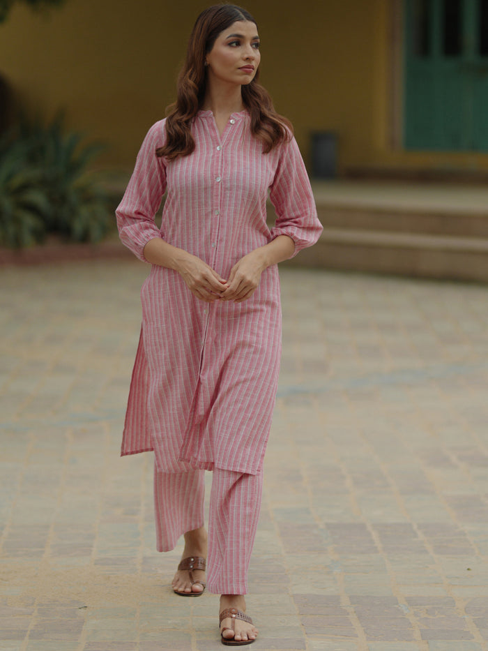 Womens's Pink Cotton Button Up Kurta with Trousers