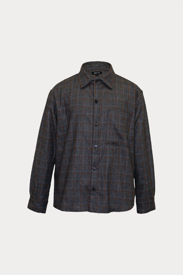 Front view of Wool Relaxed Button Down in grey plaid on plain background