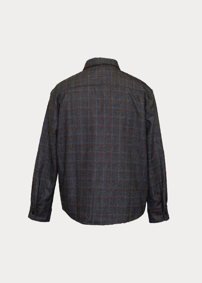 Back view of Wool Relaxed Button Down in grey plaid on plain background