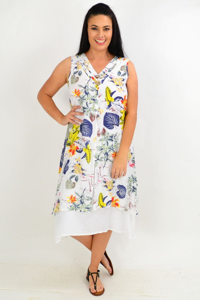 Yellow flower overlay summer tunic dress by La Mode featuring white floral patterns and natural fiber fabric.