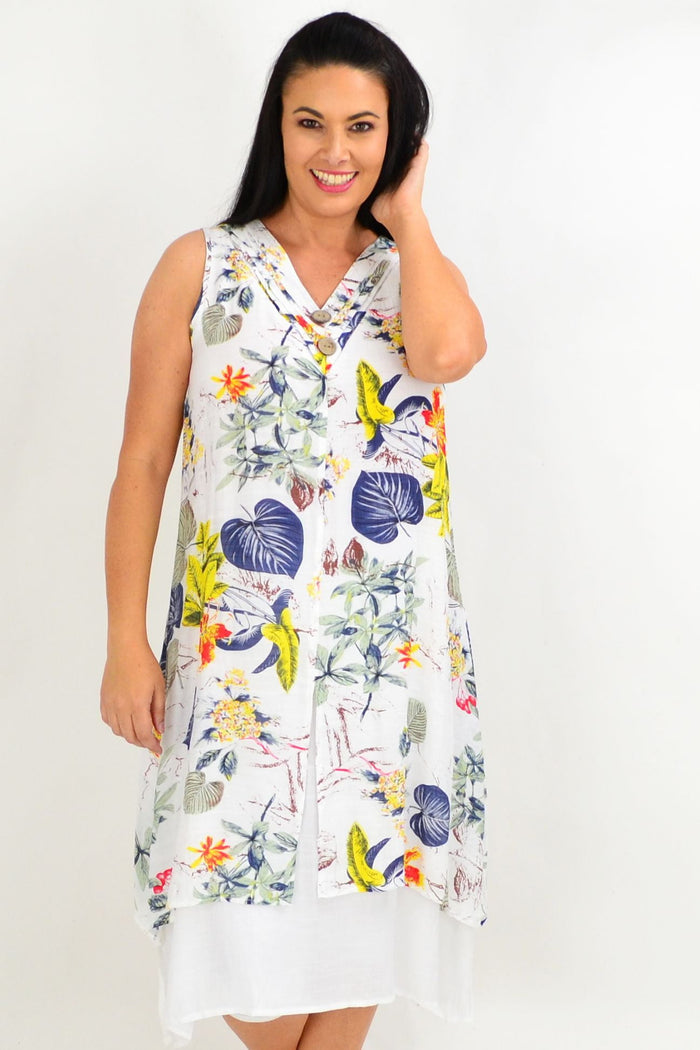 Yellow flower overlay summer tunic dress by La Mode featuring vibrant floral design on lightweight white natural fiber fabric.
