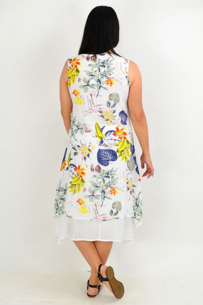 Yellow flower overlay summer tunic dress by La Mode with colorful floral design, white natural fiber fabric, perfect for warm weather.
