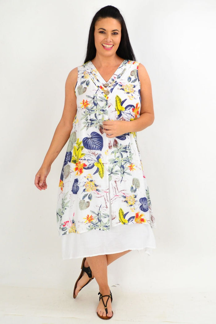 Yellow floral overlay summer tunic dress by La Mode featuring white colorful floral patterns and natural fiber fabric.