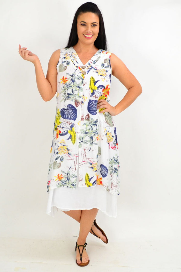 Yellow flower overlay summer tunic dress by La Mode featuring colorful floral pattern and natural fiber fabric for ladies.