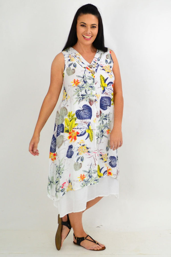 Yellow flower overlay summer tunic dress by La Mode featuring colorful floral print and natural fiber fabric.