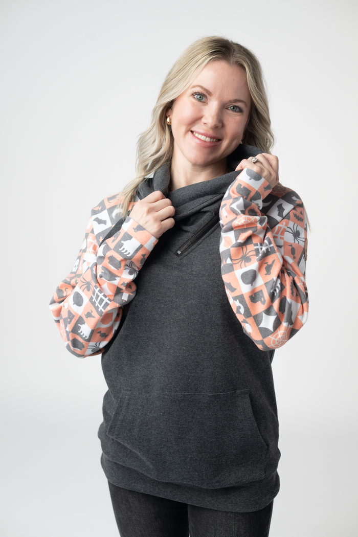 Zoey ZipCowl Sweatshirt -Trick-or-Treat Checkered and Charcoal by Michelle Mae