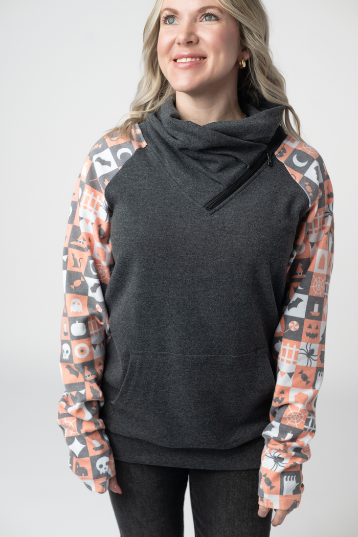 Zoey ZipCowl Sweatshirt -Trick-or-Treat Checkered and Charcoal by Michelle Mae