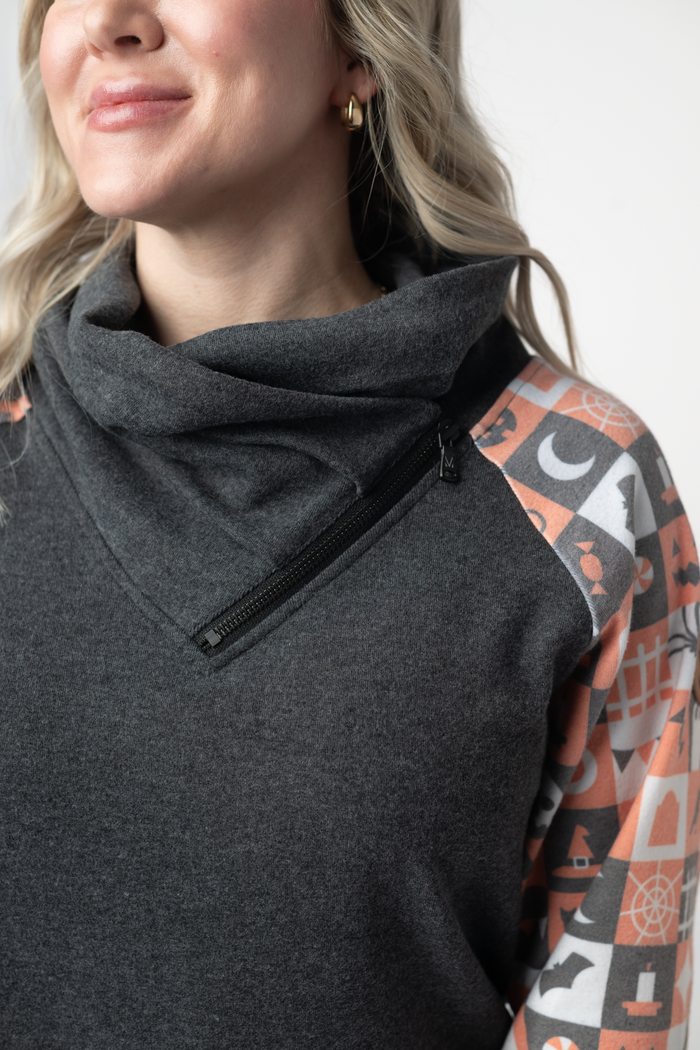 Zoey ZipCowl Sweatshirt -Trick-or-Treat Checkered and Charcoal by Michelle Mae
