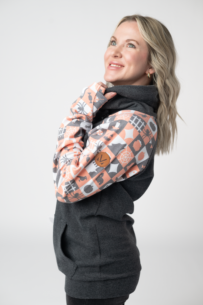 Zoey ZipCowl Sweatshirt -Trick-or-Treat Checkered and Charcoal by Michelle Mae