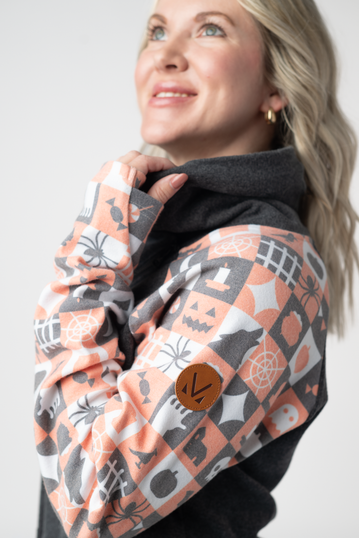 Zoey ZipCowl Sweatshirt -Trick-or-Treat Checkered and Charcoal by Michelle Mae