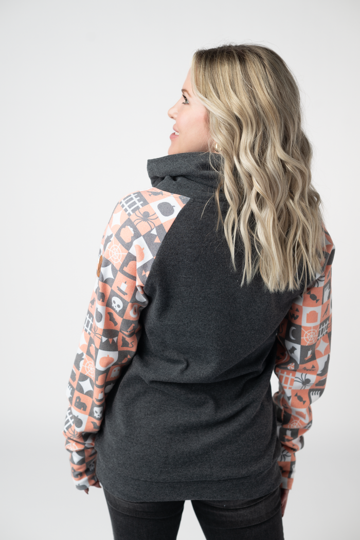 Zoey ZipCowl Sweatshirt -Trick-or-Treat Checkered and Charcoal by Michelle Mae